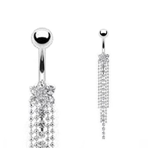 JADE Onlines Body Piercing Navel Belly Button Ring Bar - Silver Chain Tassels Style