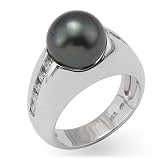 Tahitian Black Pearl Ring with Diamond in 14K White Gold