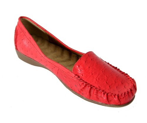 Women's Classic Red Ostrich Embossed Cushion Loafer Shoes - Size 10