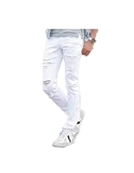 Apparel: Sarriben Mens Regular Fit Straight Ripped Skinny Jeans Denim Pants White
