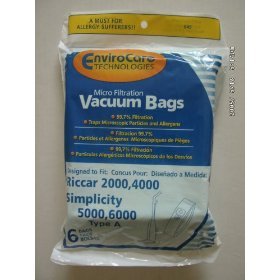 Riccar 2000, 4000 and Simplicity 5000, 6000 Type A Vacuum Bags Microfiltration with Closure - 6 Pack