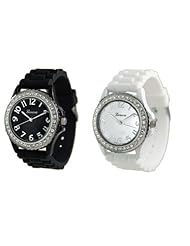 White Black 2 Pack Geneva Crystal Rhinestone Large Face Watch with Silicone Jelly Link Band