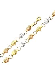 14K 3 Tri-color Diamond Cut Stampato Heart Bracelet with Lobster Claw Clasp - 7.25" Inches