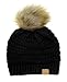NYFASHION101 Exclusive Soft Stretch Cable Knit Faux Fur Pom Pom Beanie Hat - Black