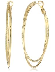 Gold Plated Double Textured Round Hoop Earrings, (1.71" Diameter)