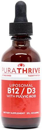 PuraTHRIVE Liquid Vitamin D3 (5000 ui) &amp; Vitamin B12 (1000 mcg). Premium Liposomal Delivery for up to 20x Absorption. Best Energy and Mood Boost, Maximum Protection for your Body.