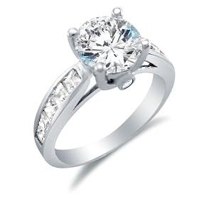 Size 4 - Solid 14k White Gold Round Brilliant Cut Solitaire with Princess Cut Side Stones Highest Quality CZ Cubic Zirconia Engagement Ring 2.0ct.