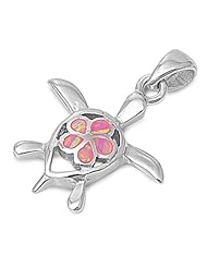 Sterling Silver Pink Lab Opal Hawaiian Plumeria Flower and Sea Turtle Pendant and Necklace