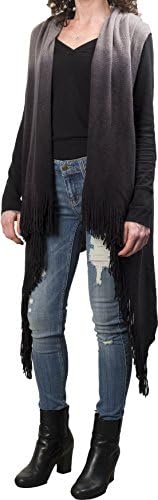 GWBG Fashion Women Knit Pointed Fringe Hem Shawl Collar Vest Cardigan Gray/Black