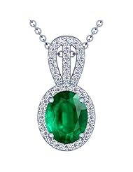 18K White Gold Oval Cut Emerald And Round Diamond Pendant