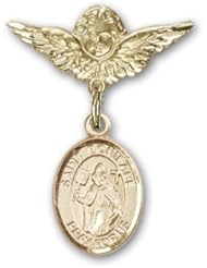 Gold Filled Baby Badge with St. Boniface Charm and Angel w/Wings Badge Pin