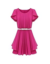Puff Sleeves Short Round Neck Pleated Polyester/Spandex Mini Dress 