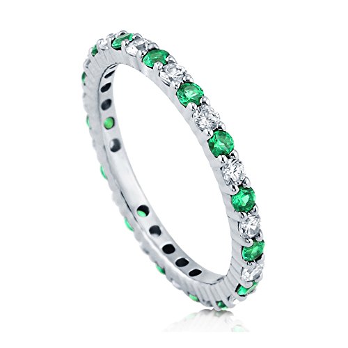 BERRICLE Sterling Silver Round Simulated Emerald Cubic Zirconia CZ Wedding Eternity Band Ring