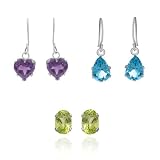 10k White Gold 3 Piece Individually Boxed Set w/ an Amethyst Heart Shaped Dangle, Blue Topaz Pear Shaped Dangle & Peridot Oval Stud Earrings