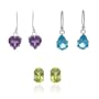 10k White Gold 3 Piece Individually Boxed Set with an Amethyst Heart Shaped Dangle, Blue Topaz Pear Shaped Dangle and Peridot Oval Stud Earrings
