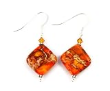 Sterling Silver Aqua Terra Jasper Dangle Earrings Orange Diamond