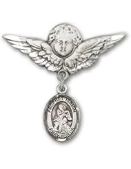 Sterling Silver Baby Badge with St. Isaiah Charm and Angel with Wings Badge Pin