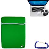 Bundle Set: Apple MacBook Pro / MacBook Air 13.3 Inch Black / Green Laptop Carrying Case Reversible Sleeve, Keyboard Silicone Skin Cover, and a Free Carabiner Key Chain