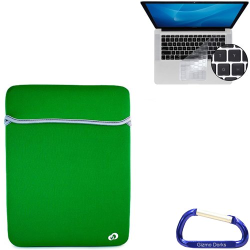 Bundle Set: Apple MacBook Pro / MacBook Air 13.3 Inch Black / Green Laptop Carrying Case Reversible Sleeve, Keyboard Silicone Skin Cover, and a Free Carabiner Key Chain