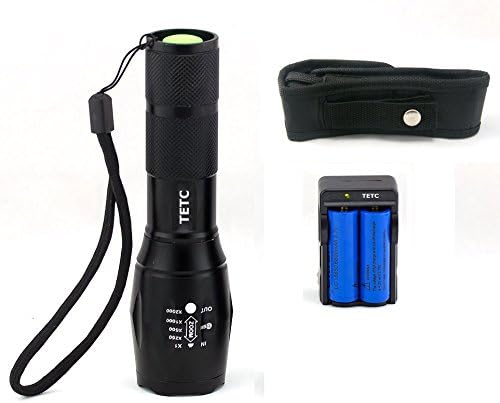 TETC CREE XML T6 LED Flashlight 5 Mode Zoomable Torch with 1600 lumens + 2PC 6800mAh Rechargable Battery + Dual Charger + Flashlight Holster