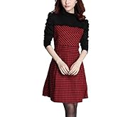 A-line Plaid Print Wool Long Sleeves Flared-Skirt Turtleneck  Dress