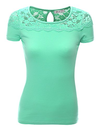 Doublju Women Short Sleeve Shoulder Lace Designed Round Neck Slim Fit Top