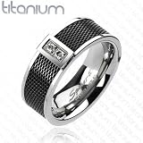 Solid Titanium Black IP Mesh Center with 2 CZ Block Comfort Fit Band Ring - 8mm Width - Sizes: 9-14