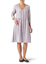 V-neck Linen Long Sleeves Vertical Stripe  Dress