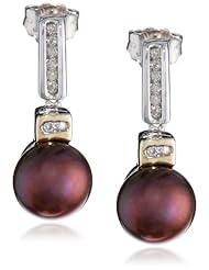 S&G Sterling Silver and 14k Yellow Gold 7mm Chocolate Freshwater Cultured Pearl and Diamond Earrings (0.06 cttw, I-J Color, I3 Clarity)
