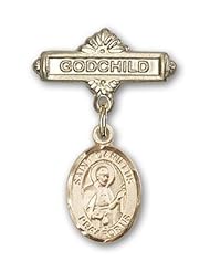 Gold Filled Baby Badge with St. Camillus of Lellis Charm and Godchild Badge Pin