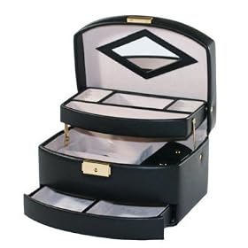 Genuine Black Leather Jewelry Case Box 3 Level with Removable Travel Roll
