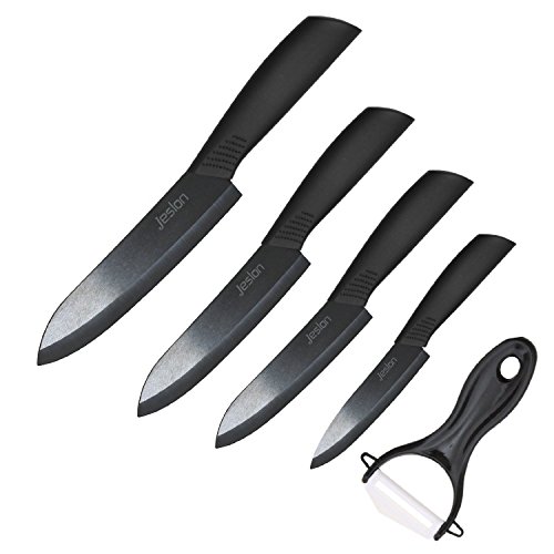 Jeslon Kitchen Knives Set, 5 Peice Ceramic Knives Black Blade 3inch Paring Knife, 4inch Fruit Knife, 5inch Utility Knife, 6inch Chef Knife and One Peeler