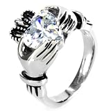 Stainless Steel Claddagh Ring with Heart-Shaped Cubic Zirconia