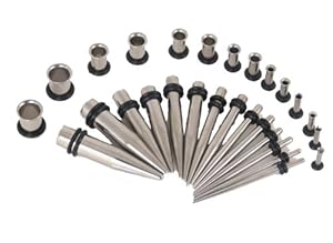 Gauges Kit * ALL GAUGE *(28 Pieces) Tapers Stainless Steel + Plugs Surgical Steel Single Flared Tunnels 12G 10G 8G 6G 4G 2G 0G Ear Tunnel & Taper Stretching Kit -14 Pairs