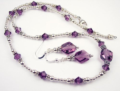 Amethyst February Birthstone Sterling Silver Swarovski Crystal Handmade Beaded 2 Piece Necklace and Earrings Sets