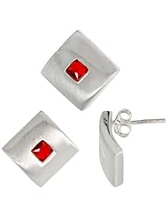 Sterling Silver Matte-finish Square-shaped Earrings (15mm tall) & Pendant Slide (15mm tall) Set, w/ Princess Cut Ruby-colored CZ Stones