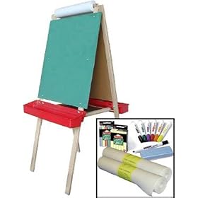 "Beka Double-Sided Easel-and-Supplies Combo #1, Marker Board and Chalkboard Surfaces, Top Paper Holder, Red Trays"