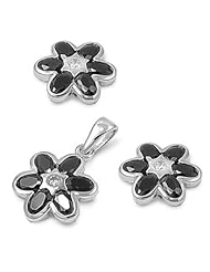 Sterling Silver Black CZ Six Petal Flower Earring & Necklace Set