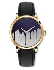 SPRAWL Aanalog Fashion Series Gold Ladies Watches of Genuine Black Leather Strap,Unique Wrist Watch for Women Girls Designed with Painting melting in