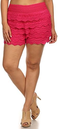 Women's Juniors Plus Size Elastic Waist Crochet Tiered Shorts -Fuchsia, X-Large