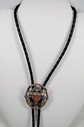 Tricolor Steer with Feathers Pewter Bolo Tie