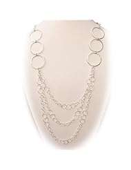 Sterling Silver Flat Hammered Circle Large Links Multi-strand 35 Inch Long Chain Necklace Italy