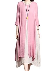 Cotton/Linen Elbow Length Sleeves Slit  Dress