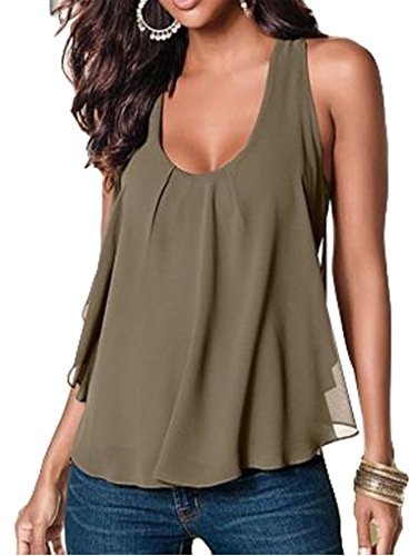 OURS Women's Crewneck Sleeveless Casual Loose Chiffon Tank Top Shirt