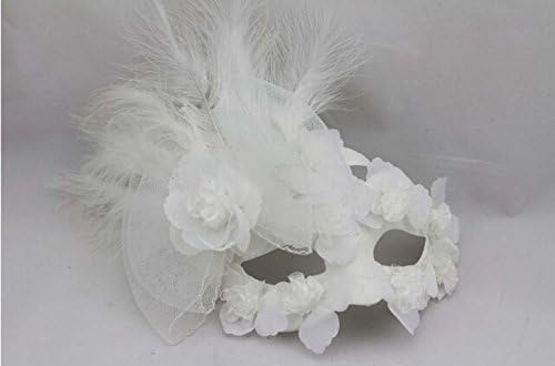White Venetian Fairy Princess Lace Masquerade Ball Prom Mask with Feathers Flower Bow Ornaments for Wedding Party