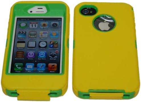 Iphone 4 4S Body Armor Defender Case Yellow and green - Comparable to Otterbox Defender + 1 Cool Colors USB charger cord for iphone &amp; Silicon Bracelet