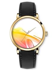 SPRAWL Aanalog Fashion Series Gold Ladies Watches of Genuine Black Leather Strap,Unique Wrist Watch for Women Girls Designed with Lines oranges white background