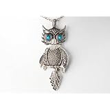 Vintage Inspired Silver Color Tone Blue Turquoise Eye Bird Owl Pendant Necklace