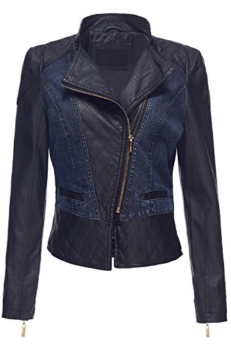 Power shoulder quilted faux leather moto denim jackets.