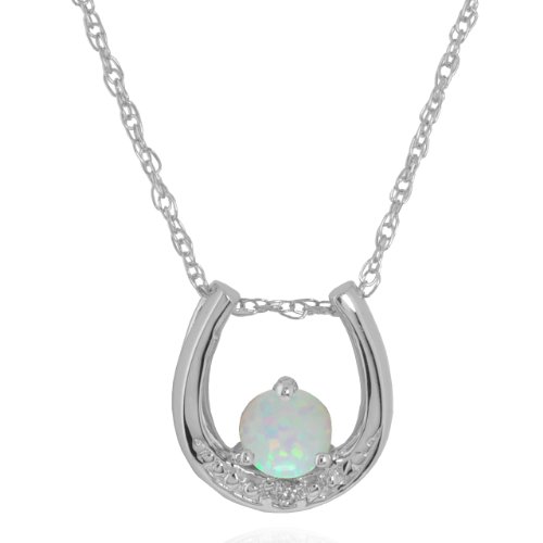 10k White Gold Created Opal & Diamond Horseshoe Pendant (.01 cttw, I-J Color, I1 Clarity), 17″